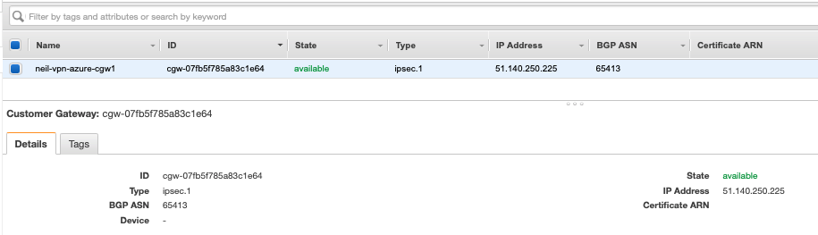 fig. 6, AWS Customer Gateway configuration