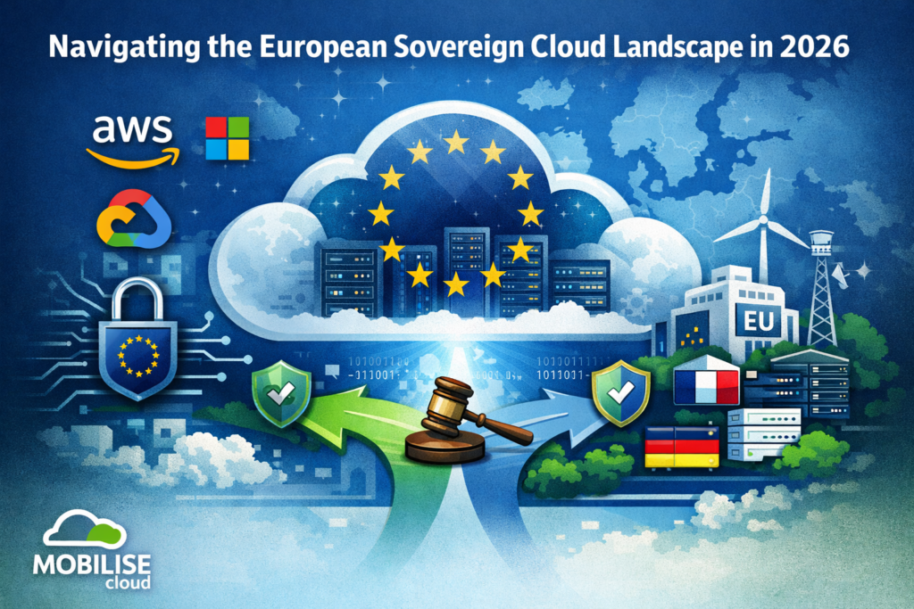 Illustration of the European sovereign cloud landscape showing EU-based cloud infrastructure, hyperscalers like AWS, Microsoft and Google, and European providers, highlighting data sovereignty, security and compliance across Europe.