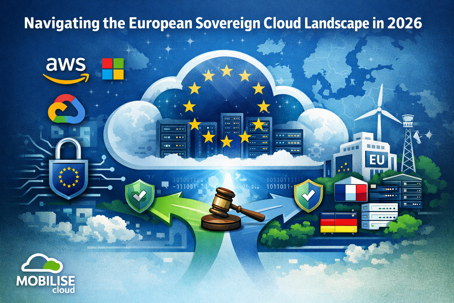 Illustration of the European sovereign cloud landscape showing EU-based cloud infrastructure, hyperscalers like AWS, Microsoft and Google, and European providers, highlighting data sovereignty, security and compliance across Europe.