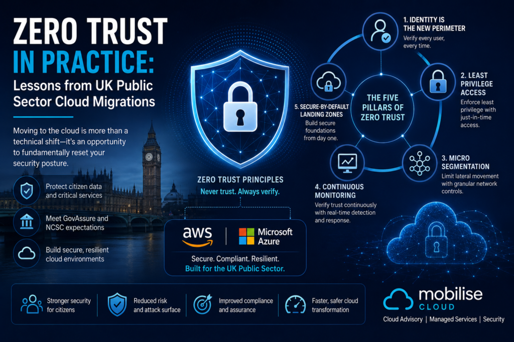 Zero Trust cloud security infographic showing the five pillars of Zero Trust for UK public sector AWS and Azure cloud migrations.