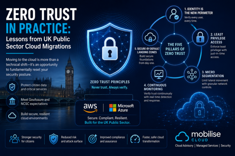Zero Trust cloud security infographic showing the five pillars of Zero Trust for UK public sector AWS and Azure cloud migrations.