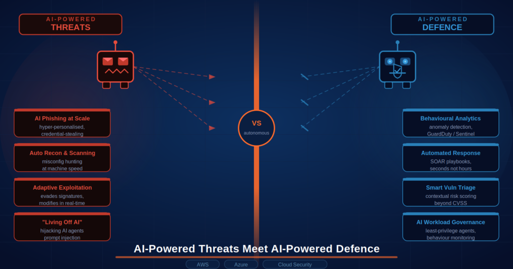 AI-powered cloud security showing AI threats and AI-driven defence across AWS and Azure environments.